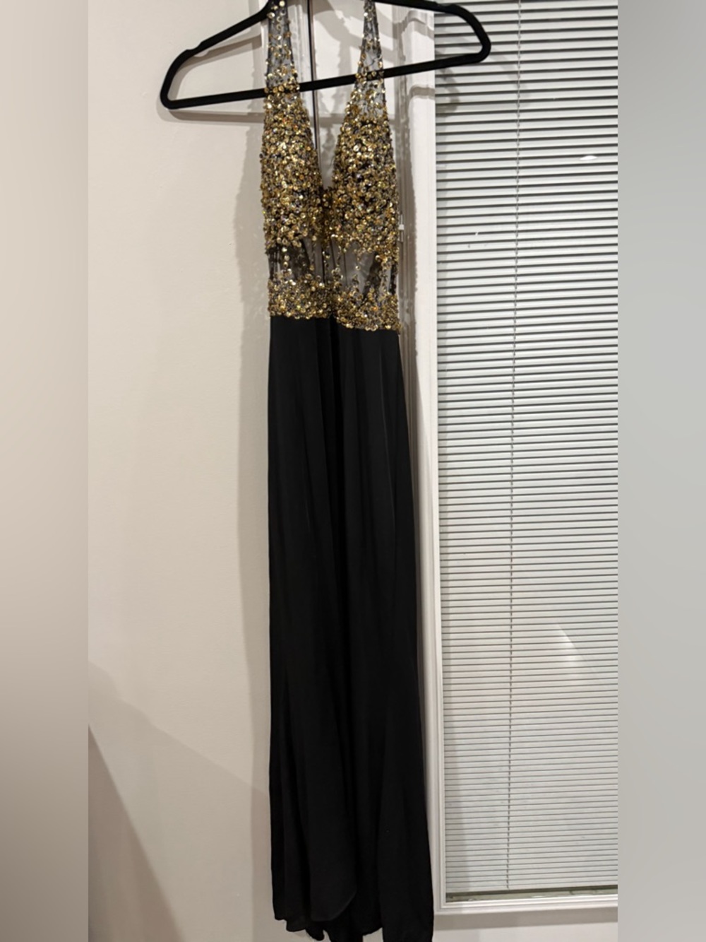 Black Evening Gown with Gold Sequin Bodice